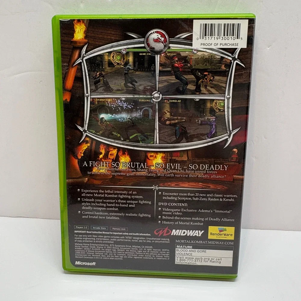 Video Game Original Xbox One Size Black Mortal Kombat Deadly Alliance Midway